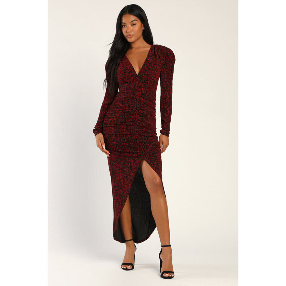 Lulus Party Glam Metallic Red Long Sleeve Ruched Midi Dress - Size M